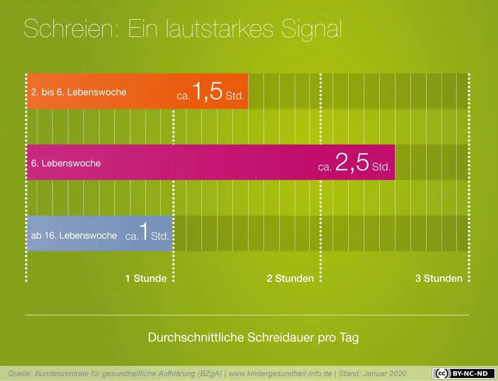 In der 2. bis 6. Lebenswoche schreien Kinder ca. 1,5 Stunden. In der 6. Lebenswoche ca, 2,5 Stunden und ab der 16. Lebenswoch schreien Babies nur mehr ca. 1 Stunde.